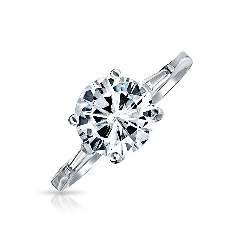 Simple 925 Sterling Silver 3CT Round AAA CZ Solitaire Brilliant Cut Engagement Ring Baguette Side Stones Thin Band