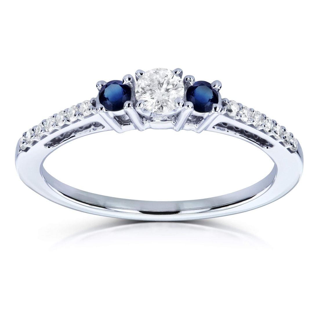 Three Stone Round Diamond and Sapphire Engagement Ring 1/4 Carat TW in 10k White Gold